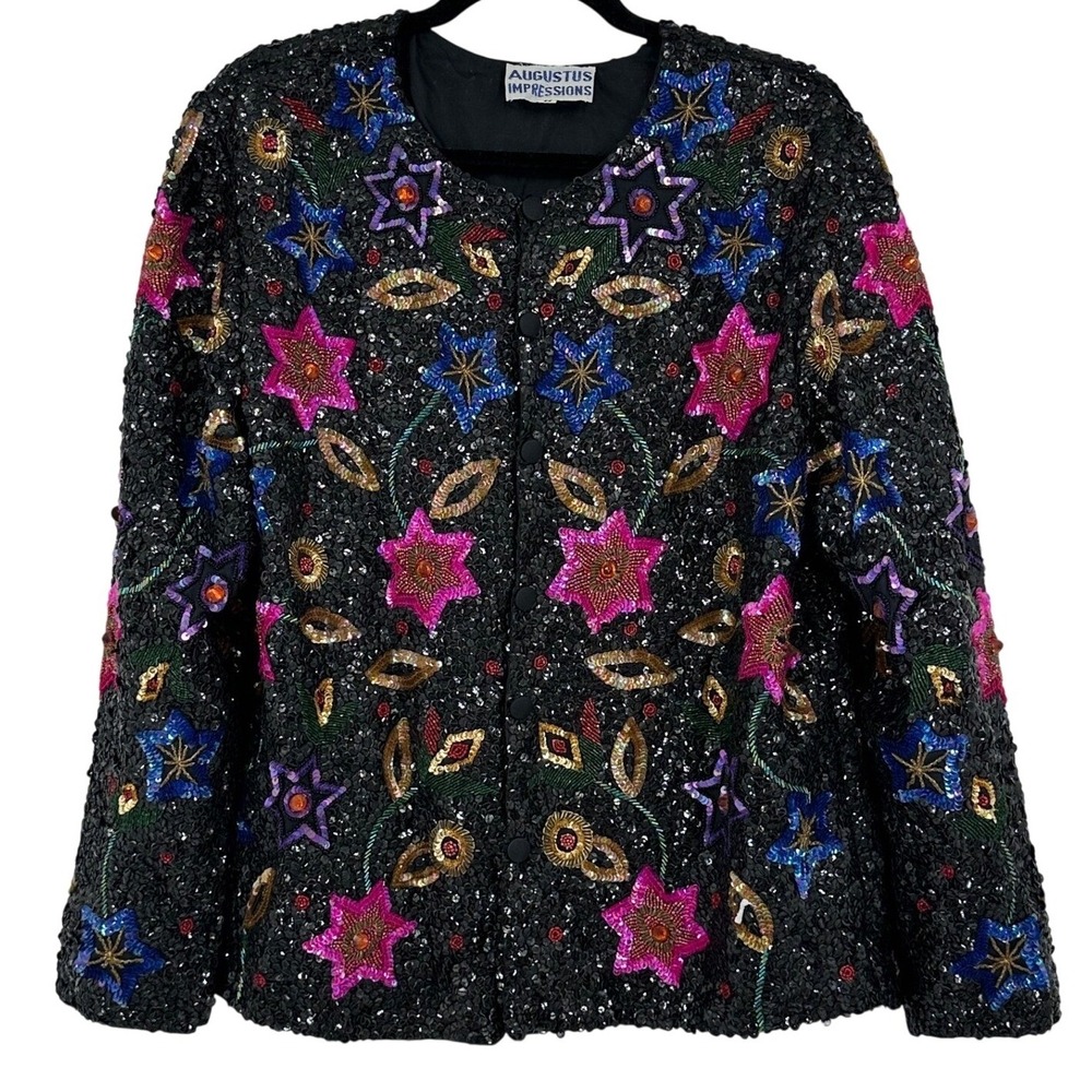Augustus Impressions VTG Pure Silk Sequin Beaded Star Floral Evening Jacket M